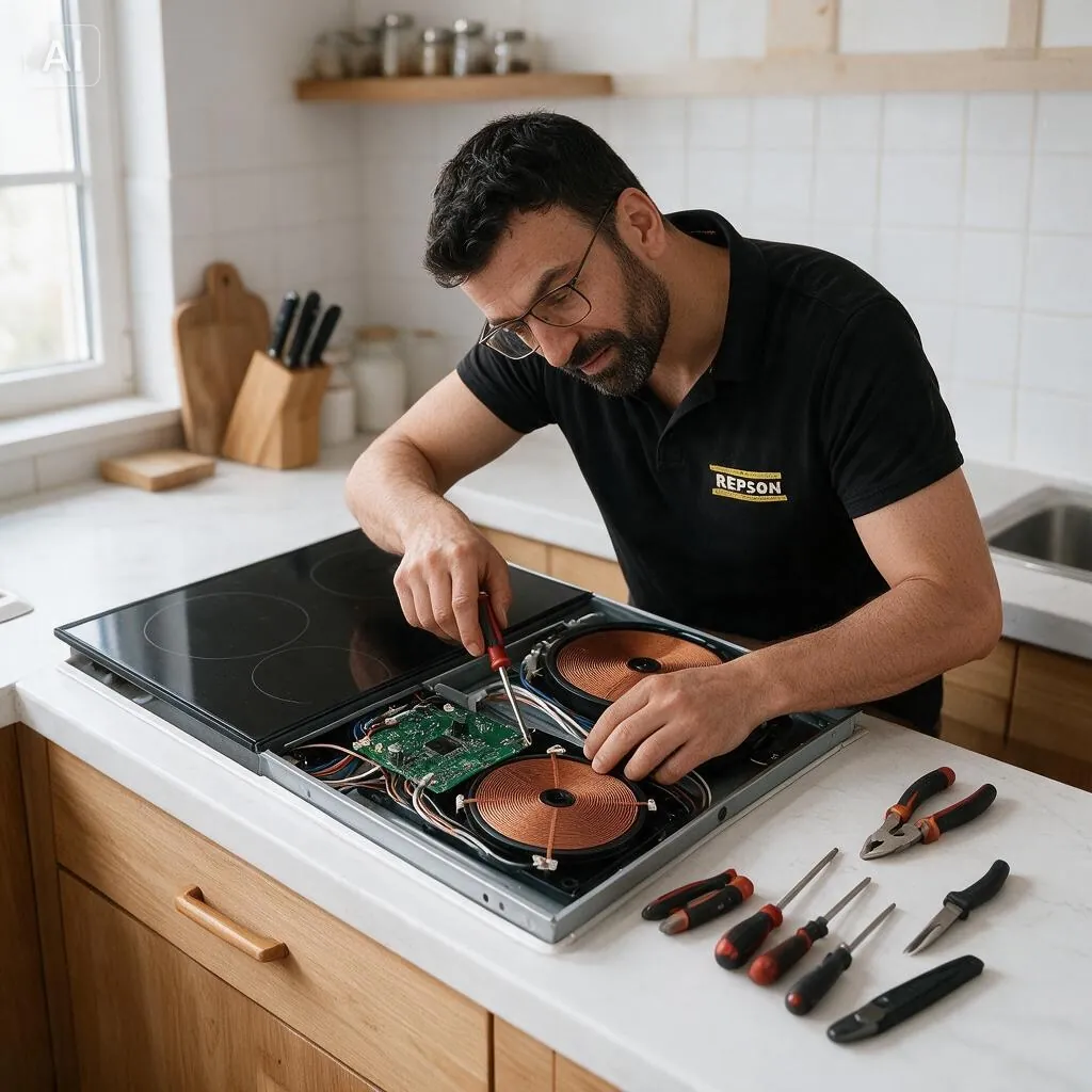 Monteur van Repson sluit de elektronica van een inbouwkookplaat aan in een keuken