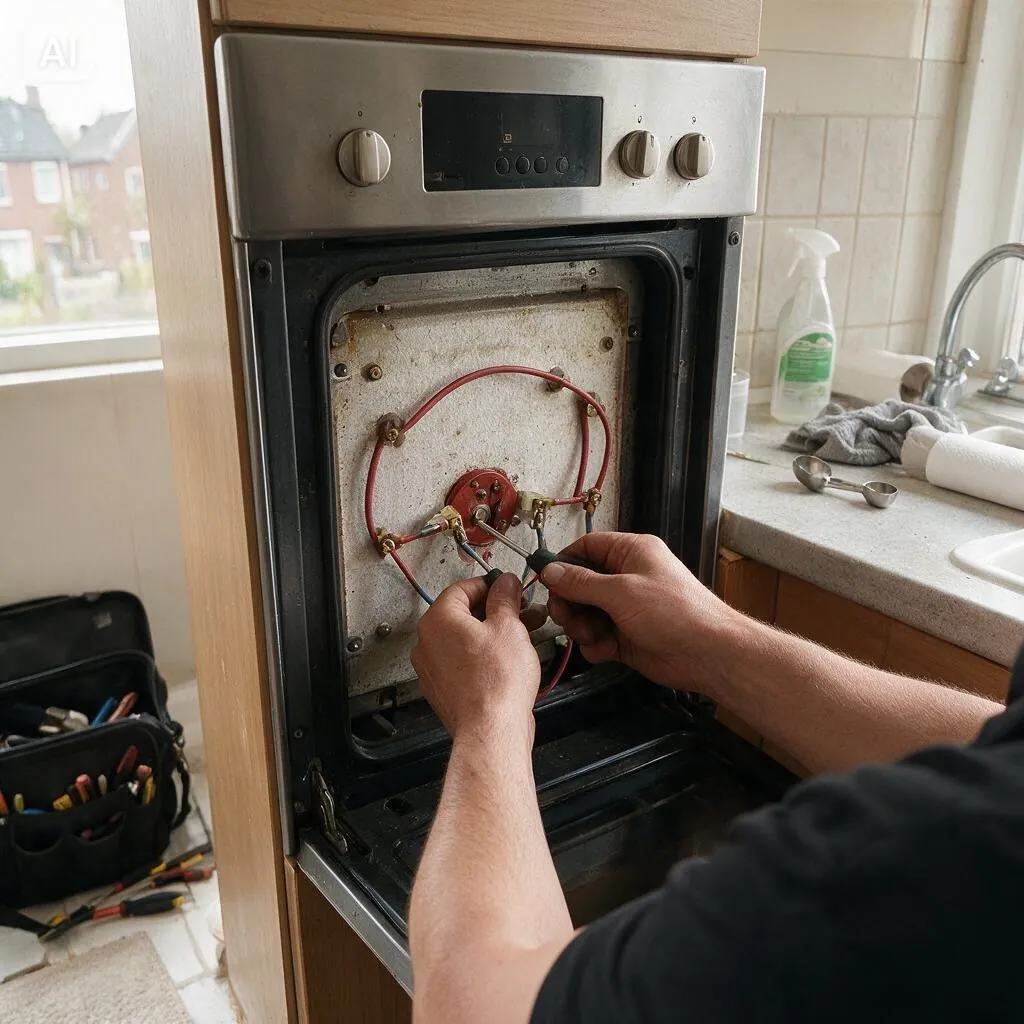 Monteur van Repson vervangt het verwarmingselement van een oven
