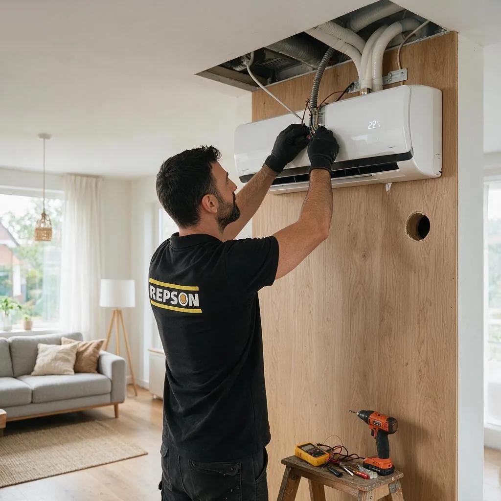 Monteur van Repson installeert een airco in een woonkamer