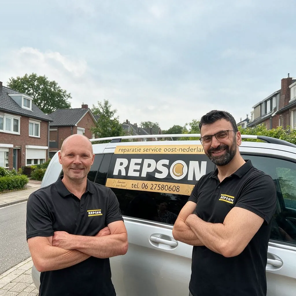 De monteurs van Repson bij het bedrijfsbusje in Enschede
